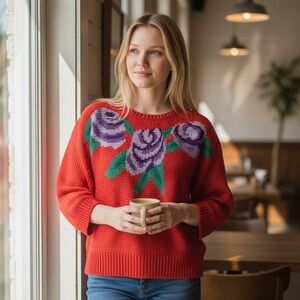 Vintage Jimmy Garcia 1980’s Orange Rose Floral Knit Crewneck Sweater size Medium